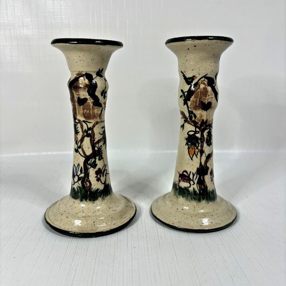 Farmhouse Pottery Candlestick Holders Artist Signed Hand Painted C Miller